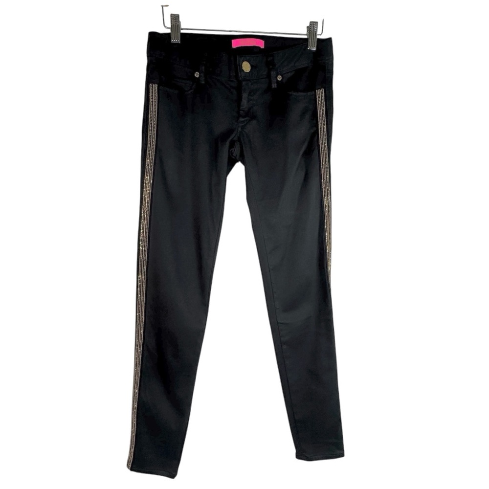 Lilly Pulitzer WorthSkinny Metallic Gold Beaded Side Seam Black Satin Pants Sz 0